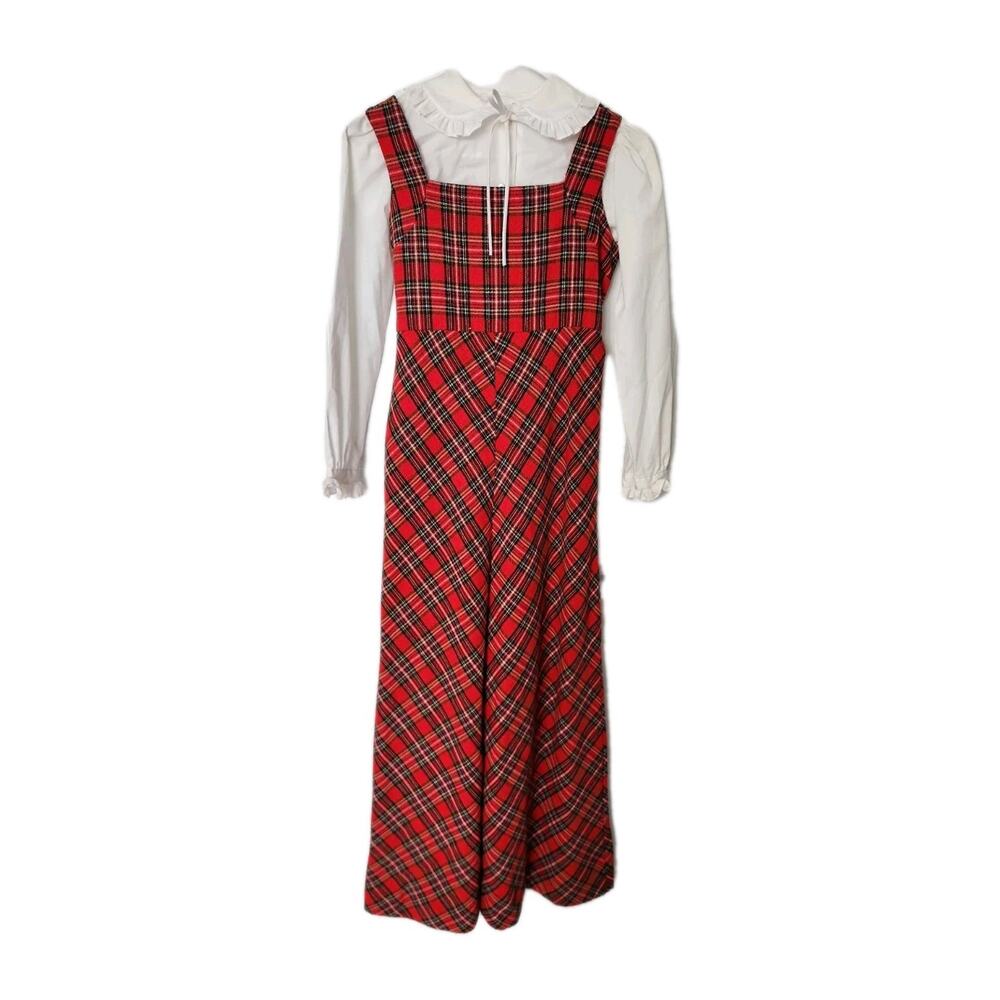 Wendy Bird Vintage 70s Tartan Plaid Pinafore Dress & Blouse Set Girls Size 12